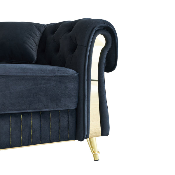 English Elm 89''W Chesterfield Modern Tufted Velvet Sofa with Pocket Springs, Gold Trim & Removable Cushions Black W579S00038