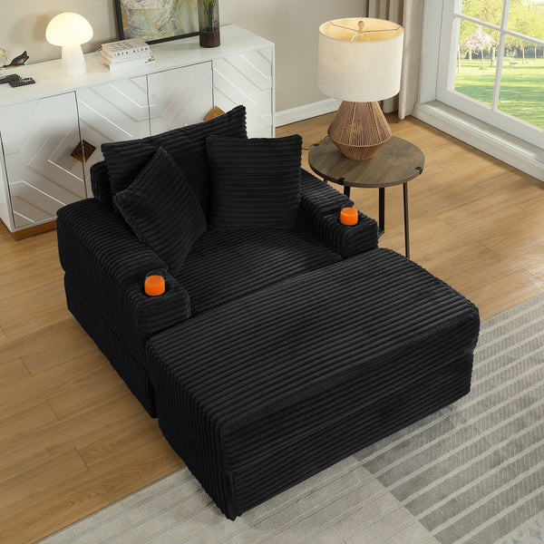 English Elm sofa Oversized Corduroy Deep-Seat Chaise with Ottoman and Lumbar Support — Plush, Sturdy Comfort Black W1420S00008