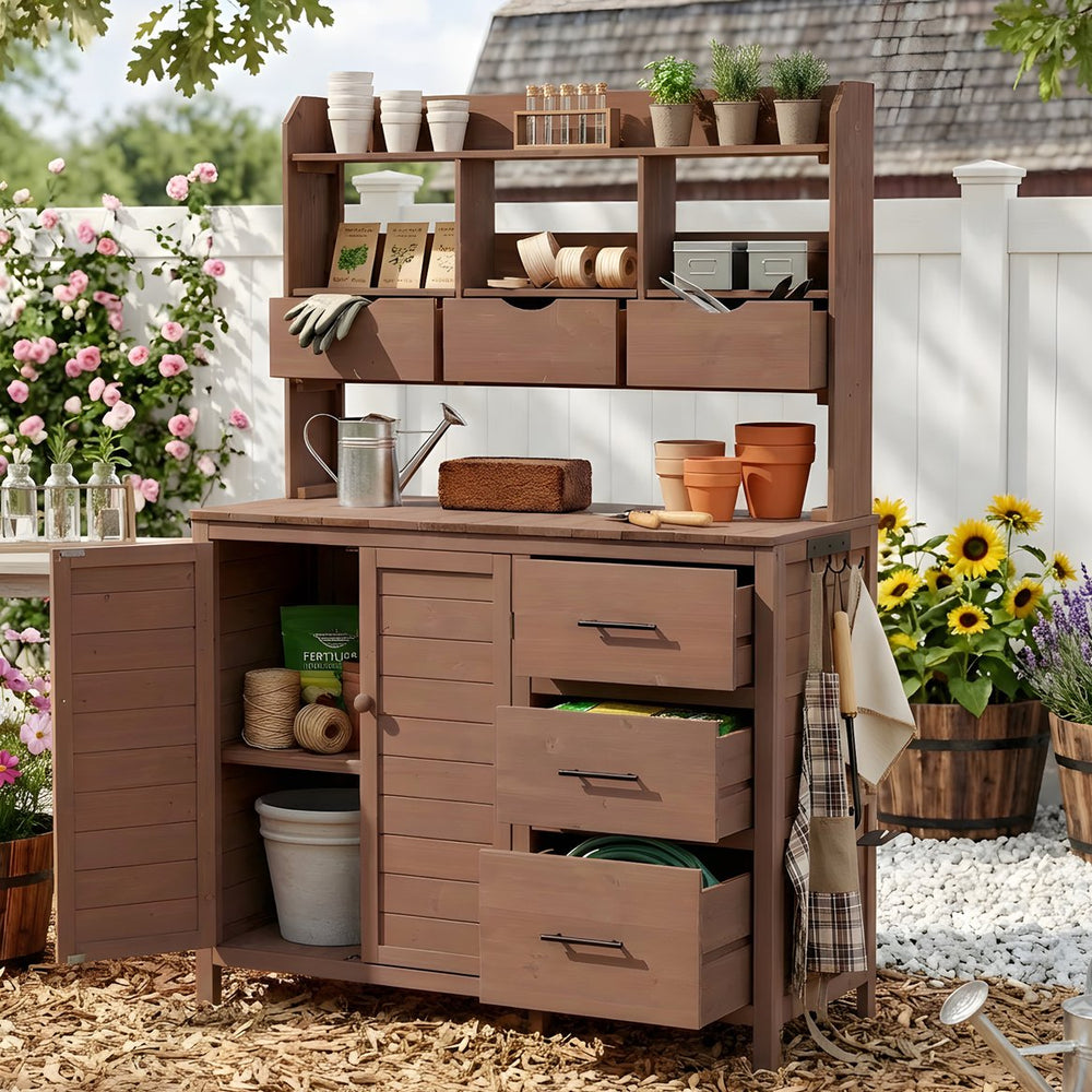 English Elm (with Hutch) Topamx Solid Fir Potting Bench Patio Workstation Spice Rack Drawer Brown N717P404331D