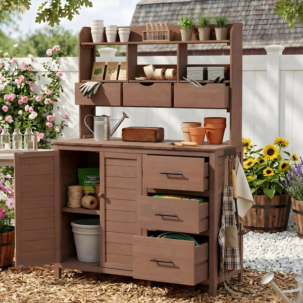 English Elm (with Hutch) Topamx Solid Fir Potting Bench Patio Workstation Spice Rack Drawer Brown N717P404331D