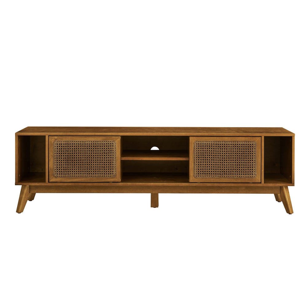 English Elm 67.9 Inch Mid Century Modern Rattan Tv Stand For 75" Tvs - Stylish Media Console With Smart Storage & Solid Wood Legs W1801P303380
