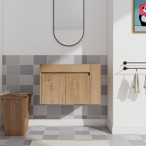 English Elm 30 Inch Wall Mounted Bathroom Vanity with Open Shelf Hardware Free Handle Design W99956039