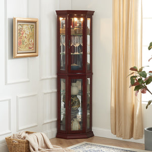 English Elm Corner Curio Cabinet with Lighted Top, Mirrored Back, Tempered Glass Shelves, Walnut Finish Elegance Cherry W1693P165015