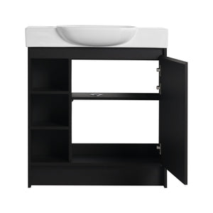 English Elm 30'' Freestanding vanity with white ceramic sink, soft-close doors, water-resistant melamine finish, modern handle design Dark Oak W999P310760