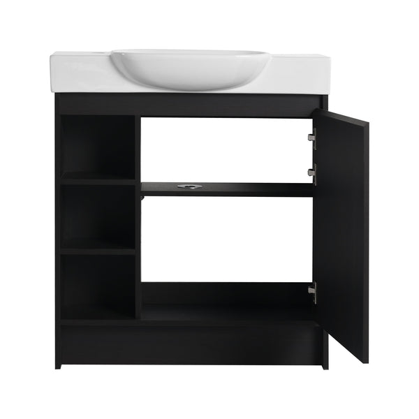 English Elm 30'' Freestanding vanity with white ceramic sink, soft-close doors, water-resistant melamine finish, modern handle design Dark Oak W999P310760