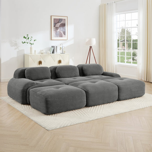 English Elm Three-seat Modular Corduroy Sectional Sofa with Ottomans for Living and Media Rooms Grey W714S01269