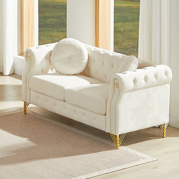 English Elm 60.5-inch Crushed Velvet Chesterfield Sofa Tufted Button Design with Copper Stud Trim Beige W834S00620
