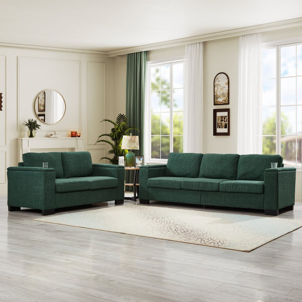 English Elm Two Two-Piece 5-Seater Sofa Set with Cup Holder & Storage, Polyester Upholstery, Solid Wood Frame, Coil Spring Seats, Removable Covers, Modern Square Arm Design for Living Room Comfort and Durability Green W1097S00197