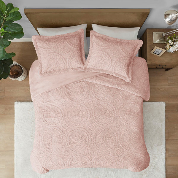 English Elm Full/Queen Plush Embroidered Medallion Faux Fur Comforter Mini Set — Ultra-Soft Machine Washable Elegance Blush 19.29 L x 11.81 W x 11.81 H B03597037