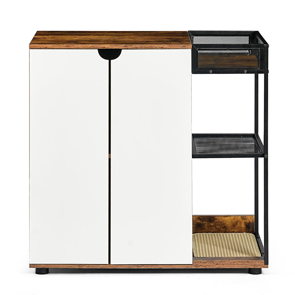 English Elm Litter Box Enclosure for 2 Cats with Ventilated Side Openings, Dual Litter Rooms, Rustic White-Walnut Cabinet W1687P170692