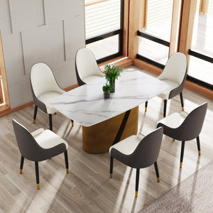 English Elm 63" Modern Dining Table With Curved White Sintered Stone Top & Bronze Iron Legs For 6-8 People W1535S00357