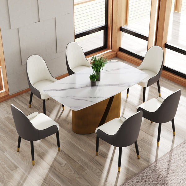 English Elm 63" Modern Dining Table With Curved White Sintered Stone Top & Bronze Iron Legs For 6-8 People W1535S00357