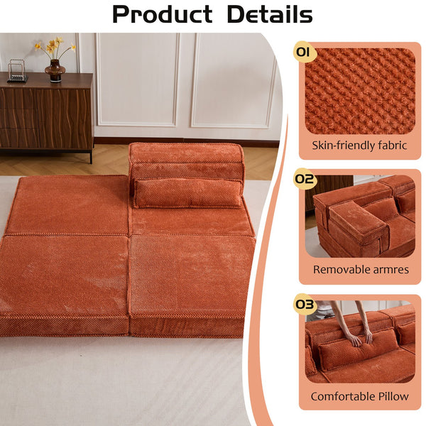 English Elm Compression Modular Floor Sofa Bed – Versatile, Cozy, No Assembly Required With Pillow & Ottoman, Orange W3723S00042