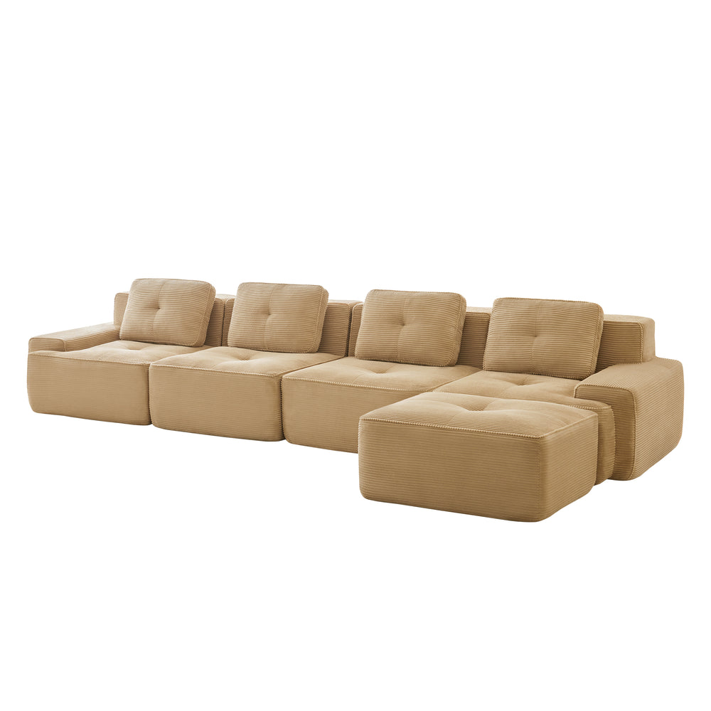 English Elm 153" Modern L-Shaped Sectional Sofa In Camel Corduroy With Movable Ottoman & Tufted Comfort Design W714S01472