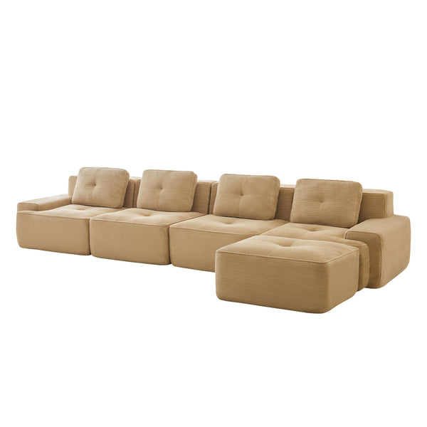 English Elm 153" Modern L-Shaped Sectional Sofa In Camel Corduroy With Movable Ottoman & Tufted Comfort Design W714S01472