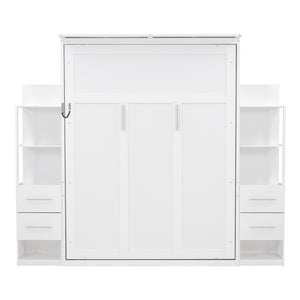 English Elm Queen Murphy Wall Bed with Led Lighting Open Shelves Drawers Space Saving Cabinet White LP000566AAK-3