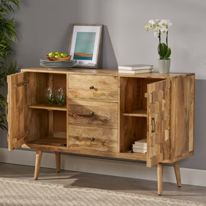 English Elm Christopher Knight Home® - 3 DRAWER SIDEBOARD WITH 2 DOOR Mango Wood Sideboard with 3 Drawers, 3D Tile Weave Doors, Shelves, Natural Finish 66413.00
