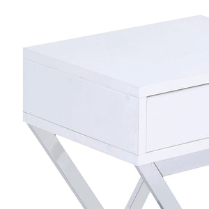 English Elm White White and Chrome 1-Drawer Rectangular Accent Table with Sleek X-Base, Compact Storage for Small Spaces B062P185654