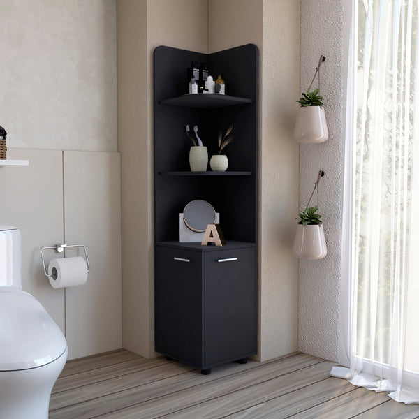 English Elm Malibu 62" Tall Corner Linen Cabinet Black with 3 Open Shelves & Double-Door Base, Modern Storage B200P240242