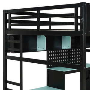 English Elm Full Size Gaming Loft Bed with Built-in Desk Led Lighting Usb Ports and Pegboard Black+Blue LT000270AAC