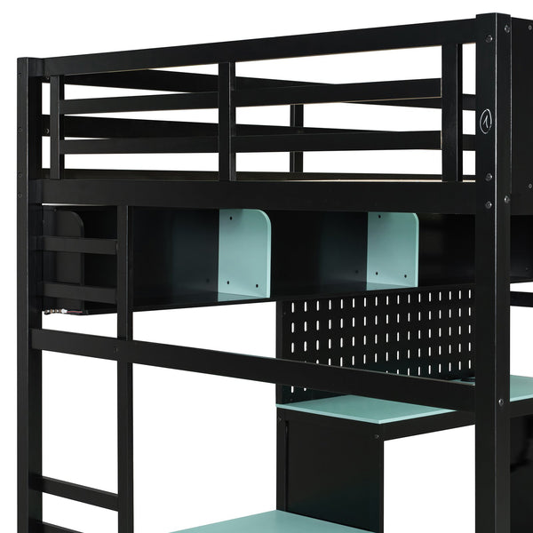 English Elm Full Size Gaming Loft Bed with Built-in Desk Led Lighting Usb Ports and Pegboard Black+Blue LT000270AAC