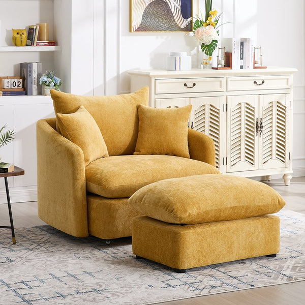 English Elm 360° 360 Swivel Oversized Chenille Armchair with Pocket Spring Seat and Three Throw Pillows Yellow W1361S00091
