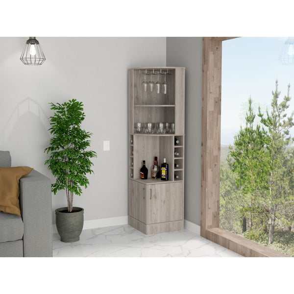 English Elm Syrah Corner Bar Cabinet with 8 Bottle Cubbies, Double Doors, Glass Rack and Display Nook Light Gray 46 L x 23 W x 7 H B200P242413