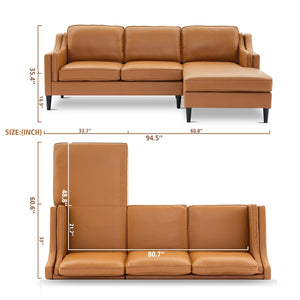 English Elm 94.5-Inch L-Shaped Genuine Leather Sectional Sofa With Right Chaise Lounge - Modern Tan Comfort W791S00021