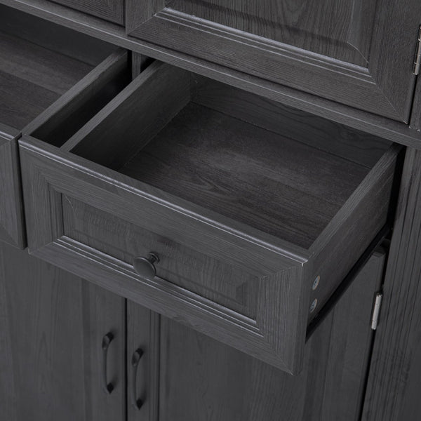 English Elm K&K 71" Tall Farmhouse Pantry Cabinet with Groove Edges, 3 Pull-Out Organizers, 6 Door Shelves Black N707P256507B