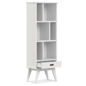 English Elm Draper Mid Century White Bookcase & Storage Unit — Solid Rubberwood, 6 Shelves, Drawer, Retro Chic B136P238620
