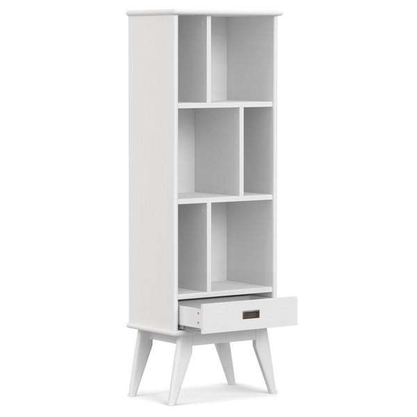 English Elm Draper Mid Century White Bookcase & Storage Unit — Solid Rubberwood, 6 Shelves, Drawer, Retro Chic B136P238620