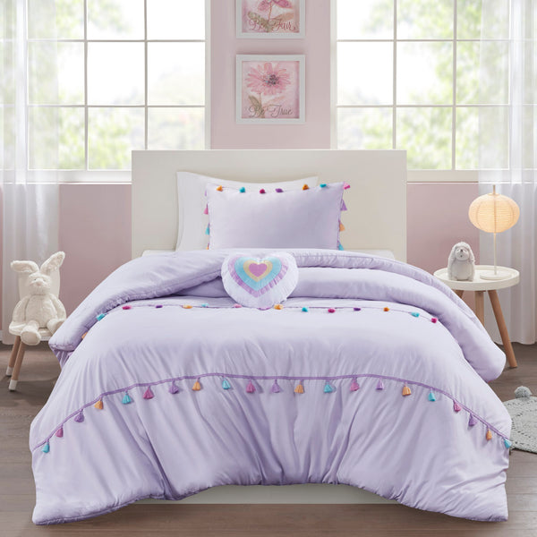 JLA Home Mi Zone Kids - Tassel Cozy Kids Comforter Set with Hypoallergenic Fill, Heart Pillow & Whimsical Colorful Tassels Lavender MZK10-273