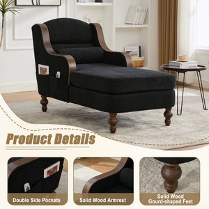 English Elm UNITED Oversized Chaise Lounge Sofa Bed with Solid Wood Arms, High-Resilience Foam, 800lb Capacity and Storage Pockets Black W1568S00208