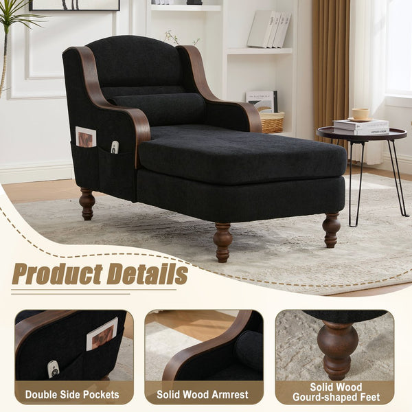 English Elm UNITED Oversized Chaise Lounge Sofa Bed with Solid Wood Arms, High-Resilience Foam, 800lb Capacity and Storage Pockets Black W1568S00208