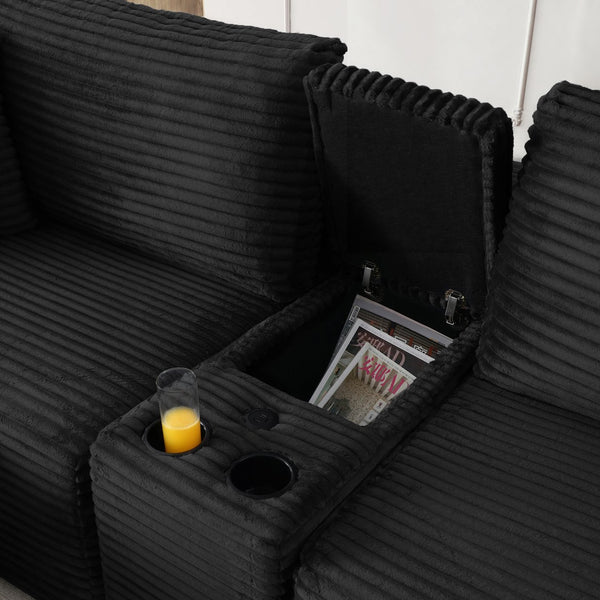 English Elm Modular Cloud Sectional Sofa with Corduroy Deep Seating Usb Ports and Storage Ottoman Black W1117S00360