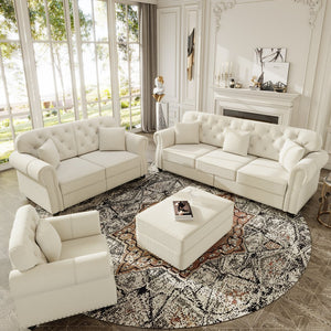 English Elm Upholstered Velvet Chesterfield Sofa Set with Button Tufting Nailhead Trim and Ottoman Beige+White W1885S00388
