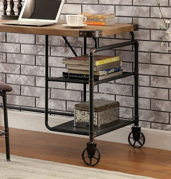 English Elm Industrial Desk with Rustic Replicated Wood Top, Metal Pipe Frame, Caster Wheel Accents, 47.25"W x 30.1"H Antique Black 52 L x 26 W x 9 H B2741P342770