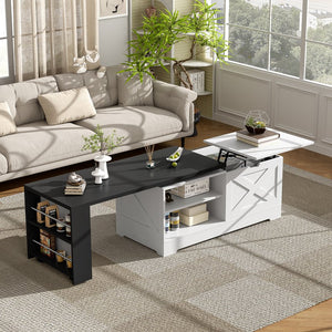 English Elm U-can Farmhouse Lift Top Coffee Table Barn Door Hidden Storage Living Room White+Black N724P351732K