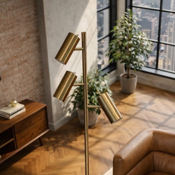 English Elm Lumina Brushed Gold Triple Spotlight Floor Lamp with Adjustable Cone Heads for Any Room B183P231758