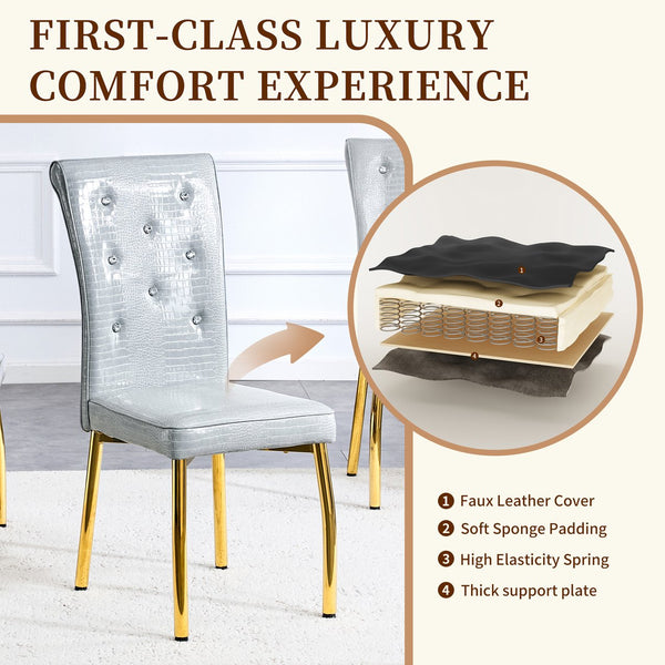 English Elm A Set of 2 Crystal Button Faux Leather Dining Chairs with Embossed Croc Texture Gold,Gray W3226P344058