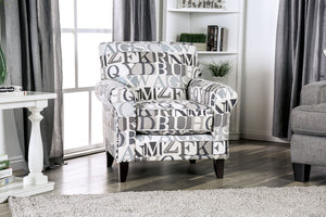 English Elm 1pc Coastal Blue-Gray Accent Chair with Patterned Fabric, Medium Density Foam, Wooden Legs, Chic Transitional Design Gray,Ivory 38 L x 32 W x 33 H B2741P376929