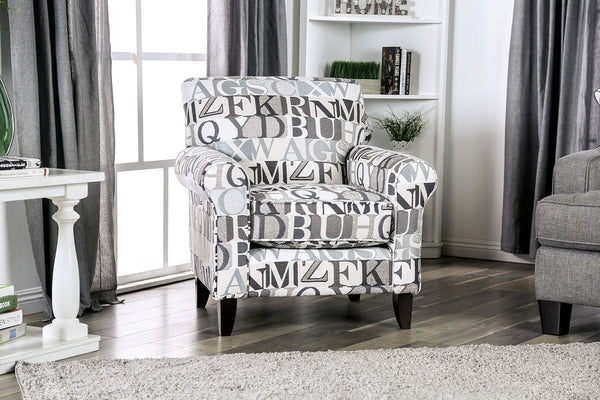 English Elm 1pc Coastal Blue-Gray Accent Chair with Patterned Fabric, Medium Density Foam, Wooden Legs, Chic Transitional Design Gray,Ivory 38 L x 32 W x 33 H B2741P376929