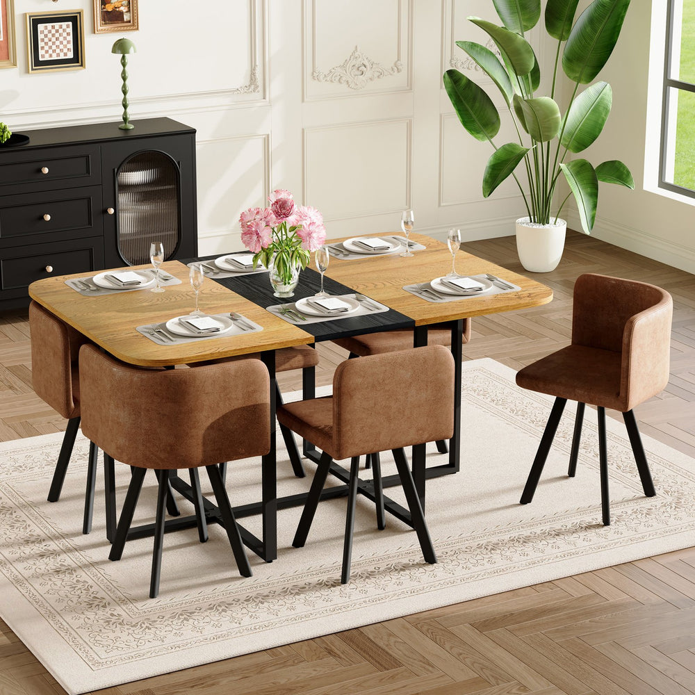 English Elm 7-piece Rectangular Dining Set Two-tone Wood Tabletop with Six Suede Chairs Modern W3875S00125