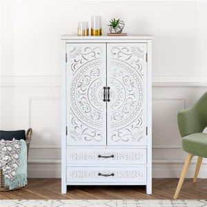 English Elm 27'' Rustic White Tall Tower Storage Cabinet with Carved Accent, Solid Wood Sideboard Drawer Pantry W2295P294585