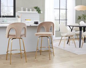 English Elm Fixed-height Swivel Counterstools with White Upholstery Gold Footrest Set of 2 Taupe B202S01790