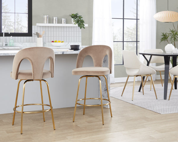 English Elm Fixed-height Swivel Counterstools with White Upholstery Gold Footrest Set of 2 Taupe B202S01790