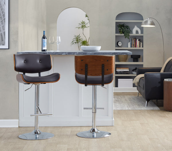 English Elm Adjustable Swivel Barstools Mid Century Walnut Faux Leather Chrome Set of 2 B202S01997