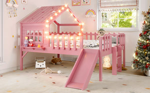 English Elm Twin Playhouse Loft Bed Solid Pine Frame with Slide Led Lights and Star Roof Pink W5316S00006