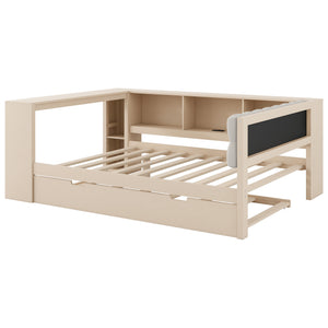 English Elm Wood Twin Platform Bed Linen Headboard Storage Shelves Trundle Charging Station Cream N709P004024C
