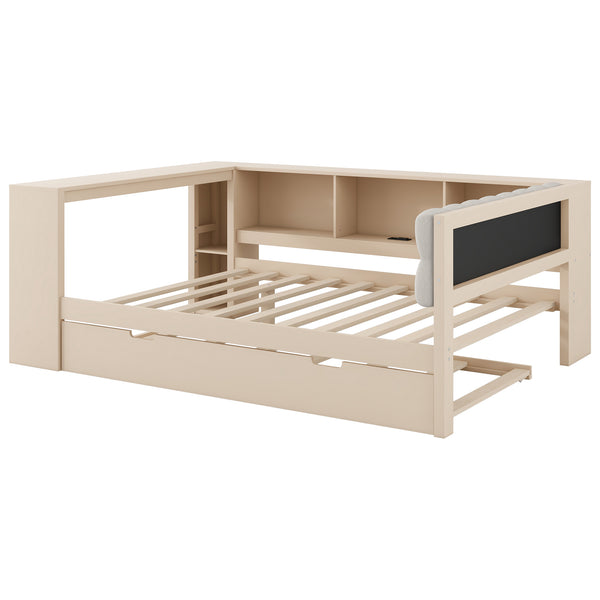English Elm Wood Twin Platform Bed Linen Headboard Storage Shelves Trundle Charging Station Cream N709P004024C